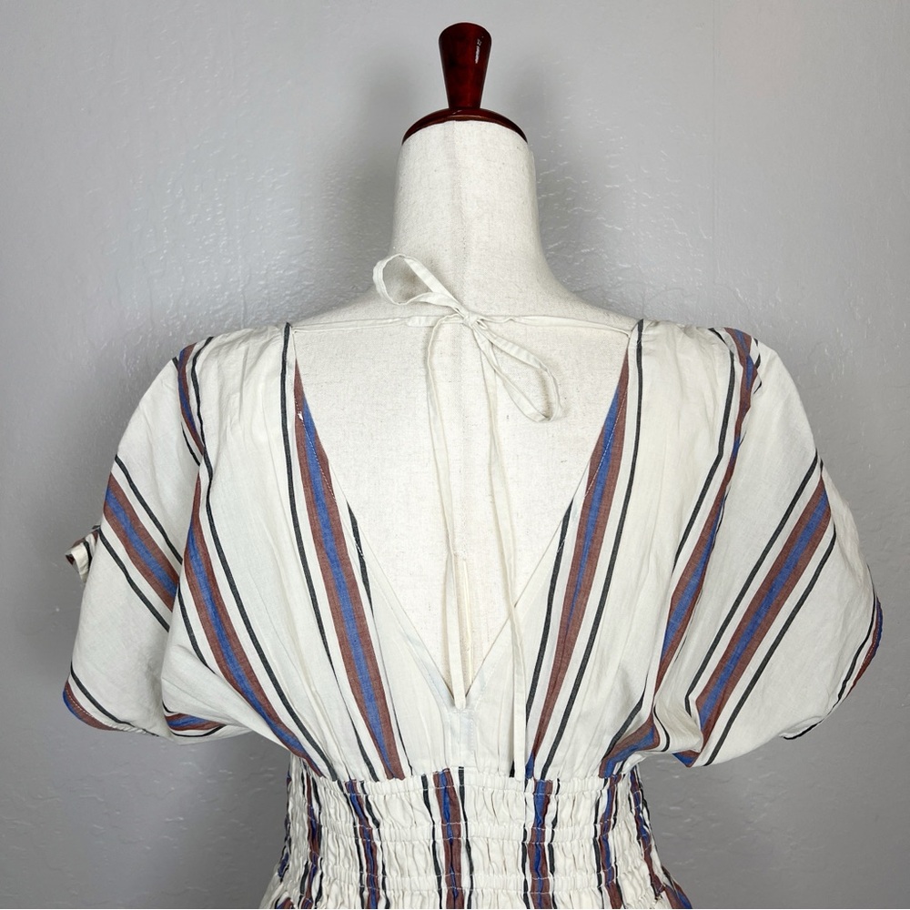 LOFT Beach Women’s Size S Ivory Blue Striped Smocked V-Neck Midi Dress Pockets - Picture 9 of 15